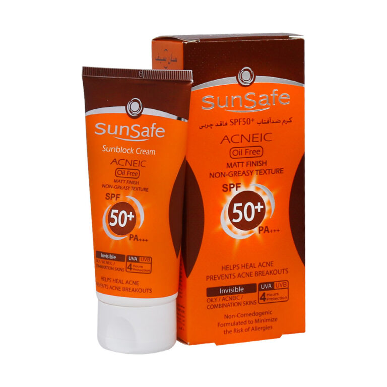 کرم ضد آفتاب فاقد چربی SPF50 بی رنگ مناسب پوست های چرب و آکنه دار 50 میلی لیتر سان سیف – SunSafe Acneic Sunsblock Cream Oil Free SPF50+ Invisible 50 ml