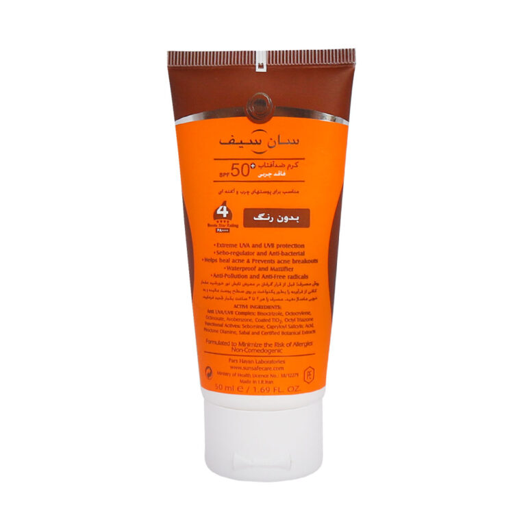 کرم ضد آفتاب فاقد چربی SPF50 بی رنگ مناسب پوست های چرب و آکنه دار 50 میلی لیتر سان سیف – SunSafe Acneic Sunsblock Cream Oil Free SPF50+ Invisible 50 ml